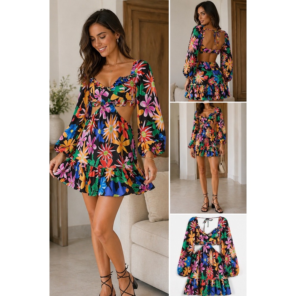 NWT PatBO Aster Floral Cutout Mini Dress Size 2 Multicolor Ruffle Long Sleeve